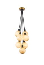 Jestero 45cm Round Cluster Pendant, 7 Light E14 With 15cm Round Dark Beige Marble Effect Glass Shade, Brass & Satin Black Framework