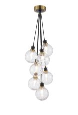 Jestero 45cm Round Cluster Pendant, 7 Light E14 With 15cm Round Textured Melting Glass Shade, Brass, Clear & Satin Black