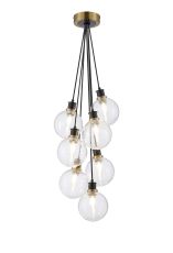 Jestero 45cm Round Cluster Pendant, 7 Light E14 With 15cm Round Ribbed Glass Shade, Brass, Clear & Satin Black
