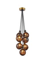 Jestero 45cm Round Cluster Pendant, 7 Light E14 With 15cm Round Brown & Amber Tortoise Shell Glass Shade, Brass & Satin Black