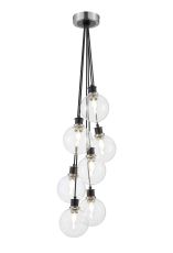 Jestero 45cm Round Cluster Pendant, 7 Light E14 With 15cm Round Glass Shade, Satin Nickel, Clear & Satin Black