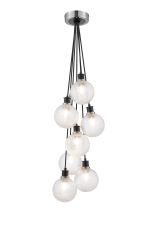Jestero 45cm Round Cluster Pendant, 7 Light E14 With 15cm Round Textured Diamond Pattern Glass Shade, Satin Nickel, Clear & Satin Black
