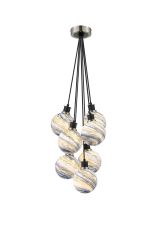 Jestero 45cm Round Cluster Pendant, 7 Light E14 With 15cm Round Dark Blue Marble Effect Glass Shade, Satin Nickel & Satin Black Framework
