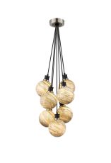 Jestero 45cm Round Cluster Pendant, 7 Light E14 With 15cm Round Light Grey Marble Effect Glass Shade, Satin Nickel & Satin Black Framework