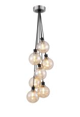 Jestero 45cm Round Cluster Pendant, 7 Light E14 With 15cm Round Segment Glass Shade, Satin Nickel, Amber Plated & Satin Black