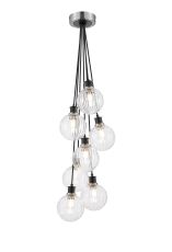 Jestero 45cm Round Cluster Pendant, 7 Light E14 With 15cm Round Segment Glass Shade, Satin Nickel, Clear & Satin Black