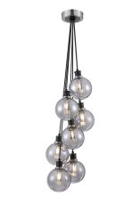 Jestero 45cm Round Cluster Pendant, 7 Light E14 With 15cm Round Segment Glass Shade, Satin Nickel, Smoke Plated & Satin Black