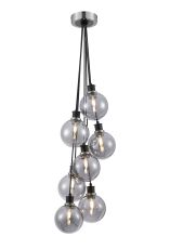 Jestero 45cm Round Cluster Pendant, 7 Light E14 With 15cm Round Glass Shade, Satin Nickel, Smoke Plated & Satin Black