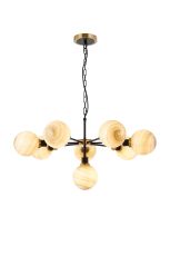 Jestero 84cm Pendant, 8 Light E14 With 15cm Round Dark Beige Marble Effect Glass Shade, Brass & Satin Black Framework