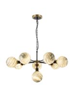 Jestero 84cm Pendant, 8 Light E14 With 15cm Round Dark Green Marble Effect Glass Shade, Brass & Satin Black Framework