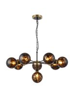 Jestero 84cm Pendant, 8 Light E14 With 15cm Round Brown & Amber Tortoise Shell Glass Shade, Brass & Satin Black