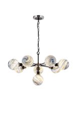 Jestero 84cm Pendant, 8 Light E14 With 15cm Round Dark Blue Marble Effect Glass Shade, Satin Nickel & Satin Black Framework