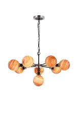Jestero 84cm Pendant, 8 Light E14 With 15cm Round Dark Pink Marble Effect Glass Shade, Satin Nickel & Satin Black Framework