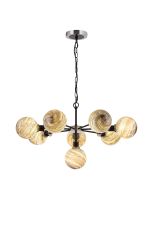 Jestero 84cm Pendant, 8 Light E14 With 15cm Round Light Grey Marble Effect Glass Shade, Satin Nickel & Satin Black Framework
