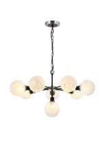 Jestero 84cm Pendant, 8 Light E14 With 15cm Round Speckled Glass Shade, Satin Nickel, White & Satin Black