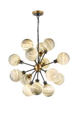 Jestero 78cm Pendant, 14 Light E14 With 15cm Round Dark Green Marble Effect Glass Shade, Brass & Satin Black Framework