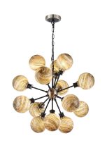Jestero 78cm Pendant, 14 Light E14 With 15cm Round Light Grey Marble Effect Glass Shade, Satin Nickel & Satin Black Framework