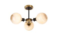 Jestero 53cm Semi Ceiling, 3 Light E14 With 15cm Round Dark Beige Marble Effect Glass Shade, Brass & Satin Black Framework