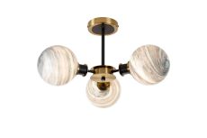 Jestero 53cm Semi Ceiling, 3 Light E14 With 15cm Round Dark Green Marble Effect Glass Shade, Brass & Satin Black Framework