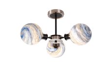 Jestero 53cm Semi Ceiling, 3 Light E14 With 15cm Round Dark Blue Marble Effect Glass Shade, Satin Nickel & Satin Black Framework