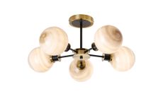 Jestero 52cm Semi Ceiling, 5 Light E14 With 15cm Round Dark Beige Marble Effect Glass Shade, Brass & Satin Black Framework