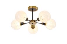 Jestero 52cm Semi Ceiling, 5 Light E14 With 15cm Round Speckled Glass Shade, Brass, White & Satin Black