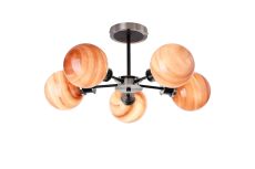 Jestero 52cm Semi Ceiling, 5 Light E14 With 15cm Round Dark Pink Marble Effect Glass Shade, Satin Nickel & Satin Black Framework
