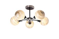 Jestero 52cm Semi Ceiling, 5 Light E14 With 15cm Round Light Grey Marble Effect Glass Shade, Satin Nickel & Satin Black Framework