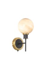 Jestero Switched Wall Light, 1 Light E14 With 15cm Round Dark Beige Marble Effect Glass Shade, Brass & Satin Black Framework