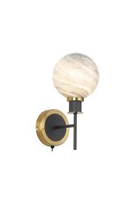 Jestero Switched Wall Light, 1 Light E14 With 15cm Round Dark Green Marble Effect Glass Shade, Brass & Satin Black Framework