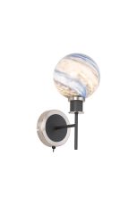 Jestero Switched Wall Light, 1 Light E14 With 15cm Round Dark Blue Marble Effect Glass Shade, Satin Nickel & Satin Black Framework