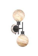 Jestero Switched Wall Light, 2 Light E14 With 15cm Round Light Grey Marble Effect Glass Shade, Satin Nickel & Satin Black Framework