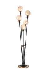 Jestero Floor Lamp, 5 Light E14, With 15cm Round Glass Shade Brass, Amber Plated, Satin Black