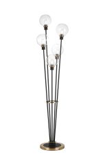 Jestero Floor Lamp, 5 Light E14, With 15cm Round Glass Shade Brass, Clear, Satin Black