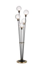 Jestero Floor Lamp, 5 Light E14, With 15cm Round Crackled Glass Shade Brass, Clear, Satin Black