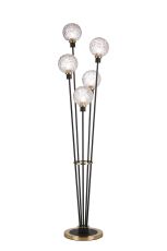 Jestero Floor Lamp, 5 Light E14, With 15cm Round Textured Crumple Glass Shade Brass, Clear, Satin Black