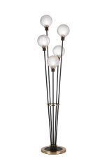 Jestero Floor Lamp, 5 Light E14, With 15cm Round Textured Diamond Pattern Glass Shade Brass, Clear, Satin Black