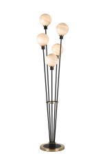 Jestero Floor Lamp, 5 Light E14, With 15cm Round Dark Beige Marble Effect Glass Shade Brass & Satin Black