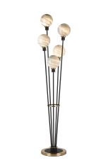 Jestero Floor Lamp, 5 Light E14, With 15cm Round Dark Green Marble Effect Glass Shade Brass & Satin Black