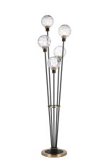 Jestero Floor Lamp, 5 Light E14, With 15cm Round Textured Melting Glass Shade Brass, Clear, Satin Black