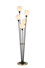 Jestero Floor Lamp, 5 Light E14, With 15cm Round Glass Shade Brass, Opal, Satin Black