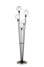 Jestero Floor Lamp, 5 Light E14, With 15cm Round Ribbed Glass Shade Brass, Clear, Satin Black