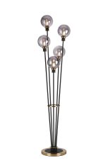 Jestero Floor Lamp, 5 Light E14, With 15cm Round Glass Shade Brass, Smoke Plated, Satin Black