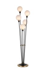 Jestero Floor Lamp, 5 Light E14, With 15cm Round Speckled Glass Shade Brass, White, Satin Black