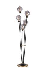 Jestero Floor Lamp, 5 Light E14, With 15cm Round Double Textured Smooth / Ribbed Glass Shade Brass, Smoke Plated, Satin Black