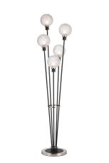 Jestero Floor Lamp, 5 Light E14, With 15cm Round Textured Crumple Glass Shade Satin Nickel, Clear, Satin Black
