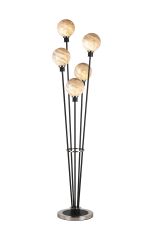 Jestero Floor Lamp, 5 Light E14, With 15cm Round Light Grey Marble Effect Glass Shade Satin Nickel & Satin Black