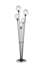 Jestero Floor Lamp, 5 Light E14, With 15cm Round Textured Melting Glass Shade Satin Nickel, Clear, Satin Black