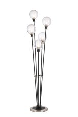 Jestero Floor Lamp, 5 Light E14, With 15cm Round Ribbed Glass Shade Satin Nickel, Clear, Satin Black