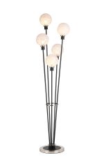 Jestero Floor Lamp, 5 Light E14, With 15cm Round Speckled Glass Shade Satin Nickel, White, Satin Black